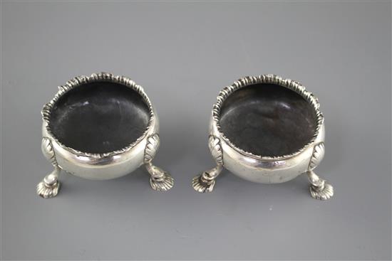 A pair of Georgian silver bun salts, circa, 1760-1780, (marks rubbed), diameter 65mm, 4.5oz.